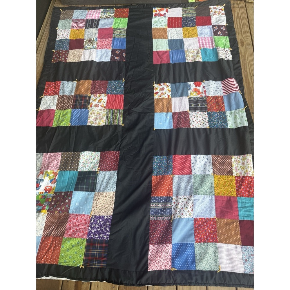 Vintage Patchwork Quilt Multicolor Patterns Squares Black Border 61x83"